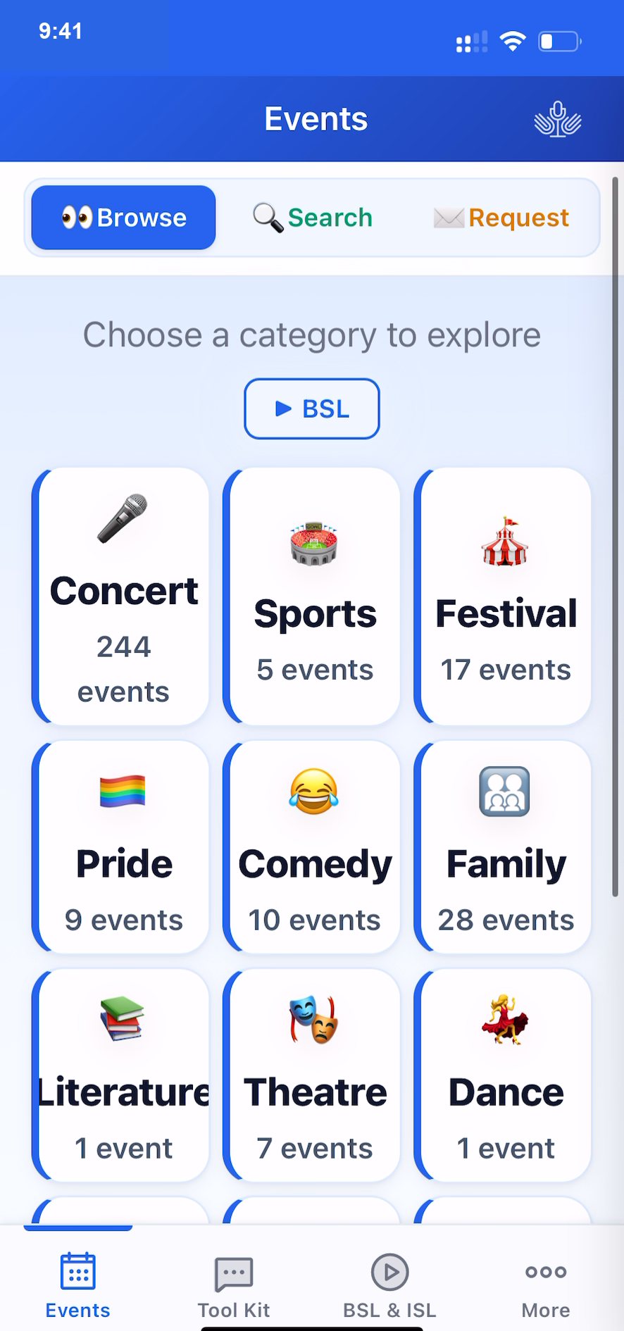 Browse interpreted events by category — concerts, sports, festivals, theatre, comedy, family, pride