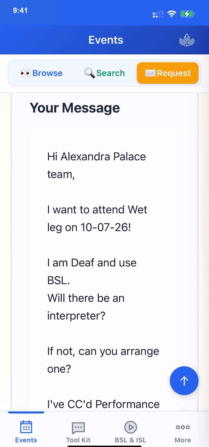 Request an interpreter screen showing AI-drafted email and autofilled venue address