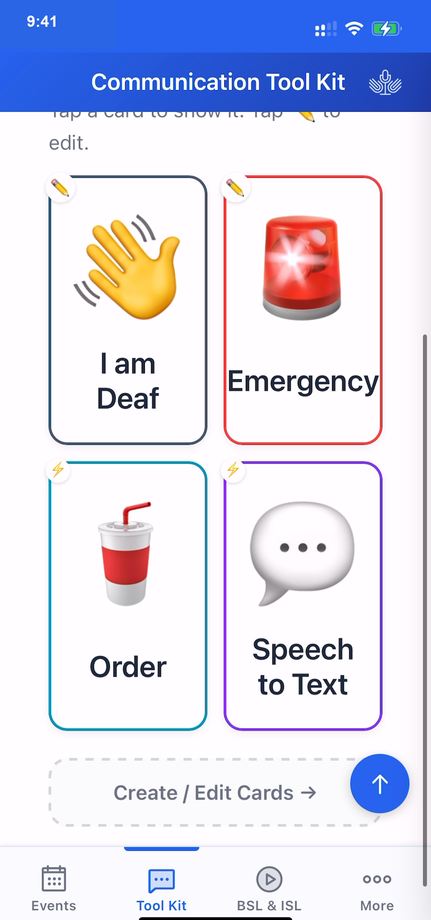 Communication Tool Kit cards including I am Deaf, Emergency, My Order and live speech-to-text
