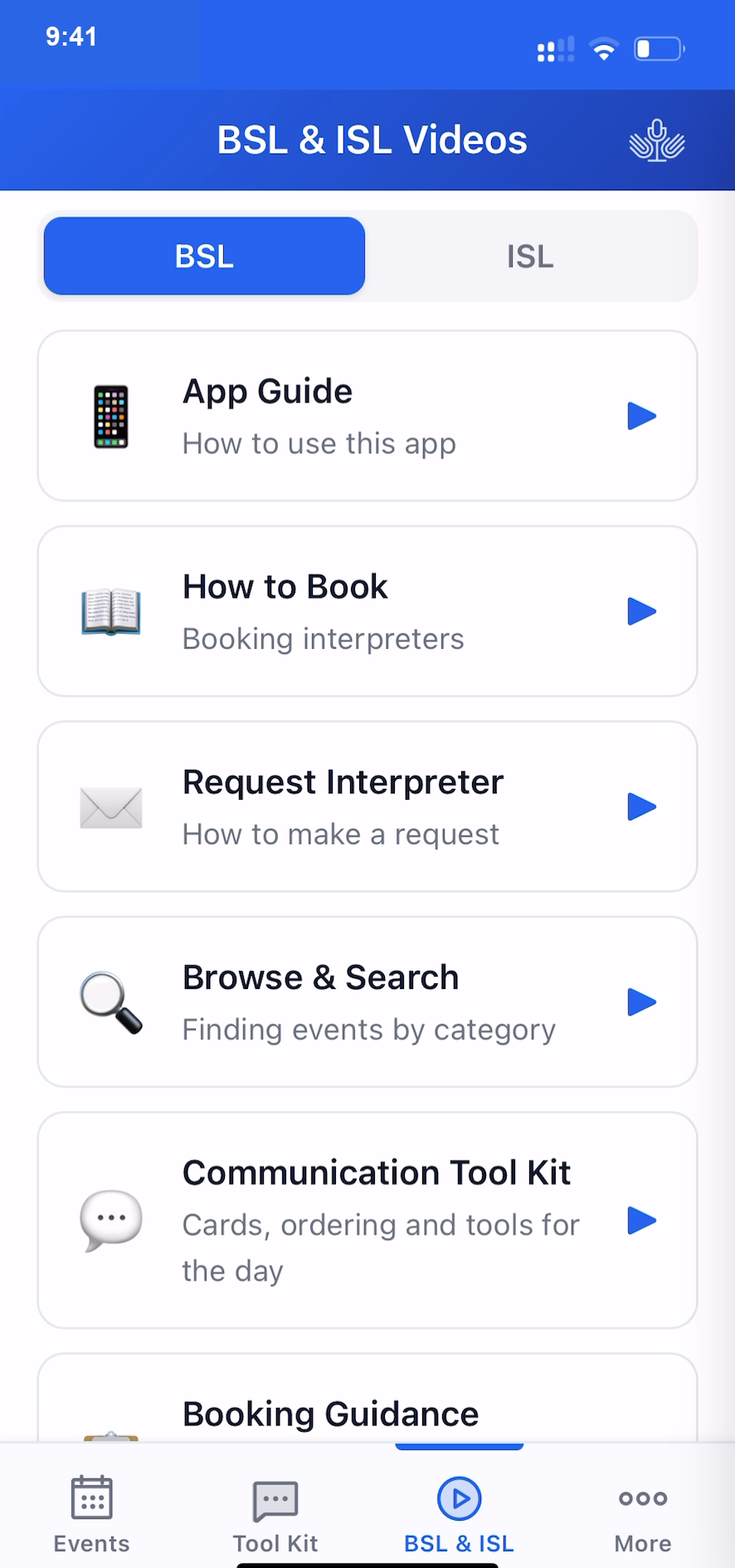 A signed video explainer in the app — sign language is the primary content